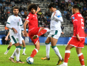 La Plata, Argentina.- En las fotos tomadas el 25 de mayo del 2023, durante el partido entre Túnez e Irak por la segunda fecha del Grupo E en el estadio Ciudad de La Plata "Diego Armando Maradona". Túnez venció a Irak por a 3 a 0 con goles de Youssef Snana, Chaim El Djebali y Mahmoud Ghorbel, de tiro penal, todos en el segundo tiempo. Con este resultado, Túnez pasó a tener tres unidades, mientras que Irak no tiene puntos y está eliminado.