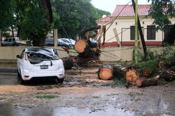 Corrientes, Argentina.- En las fotos tomadas el 29 de diciembre del 2023, un fuerte temporal de viento y lluvia en Corrientes causó daños materiales importantes en varias localidades, con caída de postes de luz, árboles, muros, voladura de techos y cortes en el servicio de energía eléctrica, informó la Dirección de Defensa Civil de la provincia. El Servicio Meteorológico Nacional (SMN) activó varias alertas meteorológicas en Entre Ríos, Santa Fe, Córdoba, Corrientes, Misiones, Chaco, Formosa, Salta, Jujuy, Tucumán, Santiago del Estero, Catamarca y La Rioja por lluvias intensas, con cierta probabilidad de que caiga granizo.