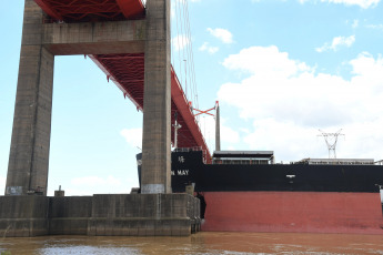 Entre Rios, Argentina.- En las fotos tomadas el 29 de enero del 2024, continúa interrumpida la navegación por el choque de un buque contra el puente Zárate Brazo Largo, la principal vía de comunicación entre el sur de la provincia de Entre Ríos y el norte de la de Buenos Aires, en Argentina. Un enorme barco carguero con bandera de Liberia chocó este domingo contra el primer pilar del puente Zárate Brazo Largo y por la colisión se interrumpió la navegación en el kilómetro 171 del río Paraná.