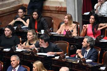 Buenos Aires, Argentina.- En las fotos tomadas el 1 de febrero del 2024, Diputados retomó la sesión para debatir la ley "Bases". La oposición abandonó el debate en la Cámara de Diputados en el que se discutía la polémica Ley Ómnibus del presidente de Argentina, Javier Milei. Los congresistas salieron a las calles a pedir que se permitiera el desarrollo de la protesta en contra de la ley, en la que se reportaron entre manifestantes y las fuerzas policiales.